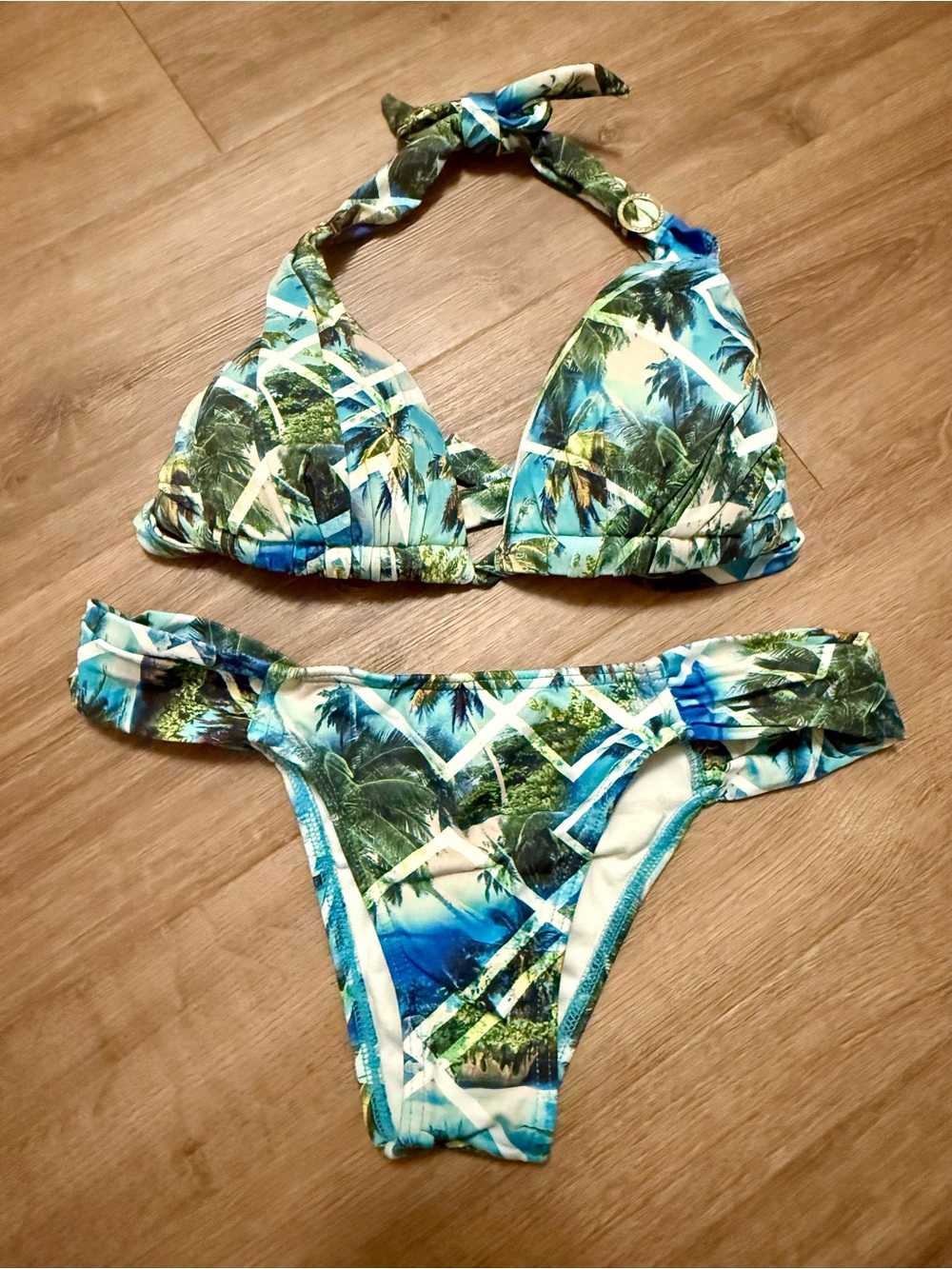 Authentic Brazilian Magia do Mar Bikini Set 🌴 Blue Green Tropical Palm Print M/G